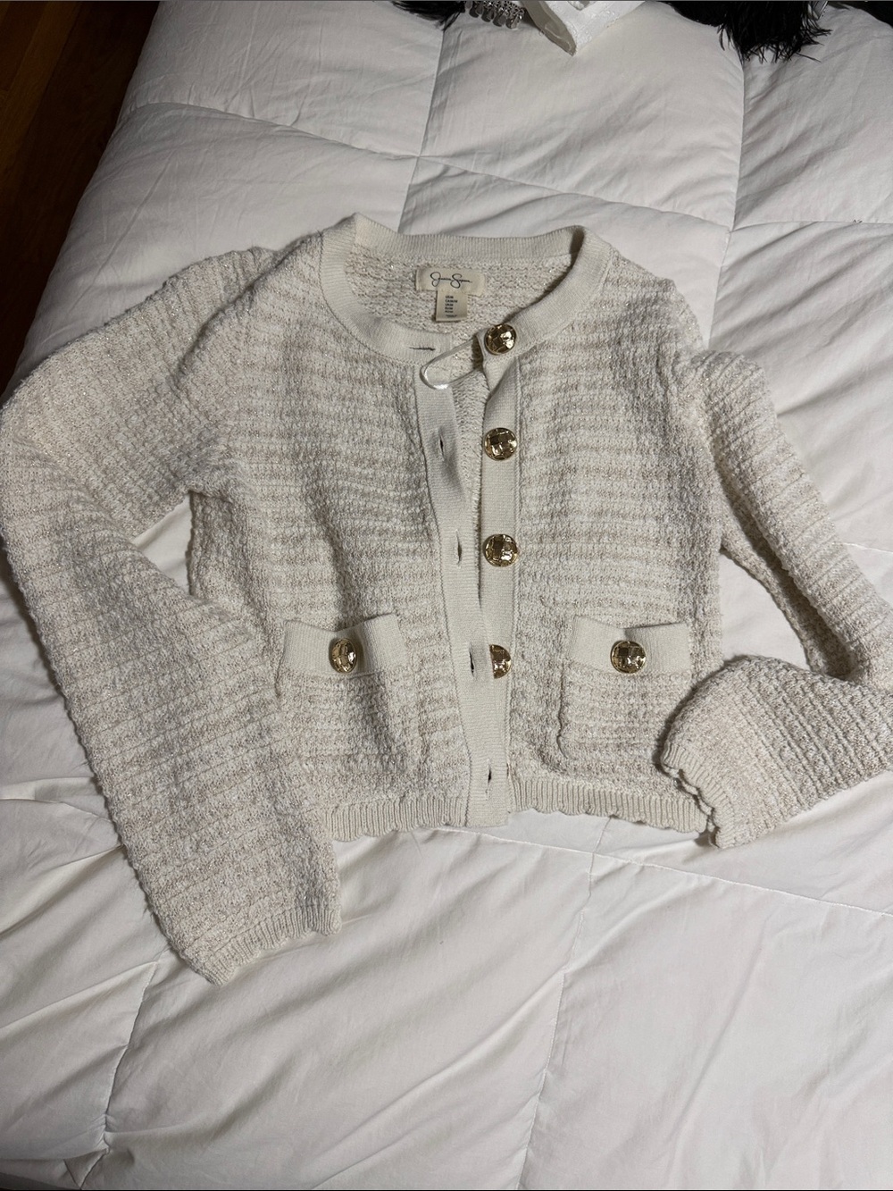 Jessica Simpson Off-White Bouclé Cardigan with Gold Buttons
